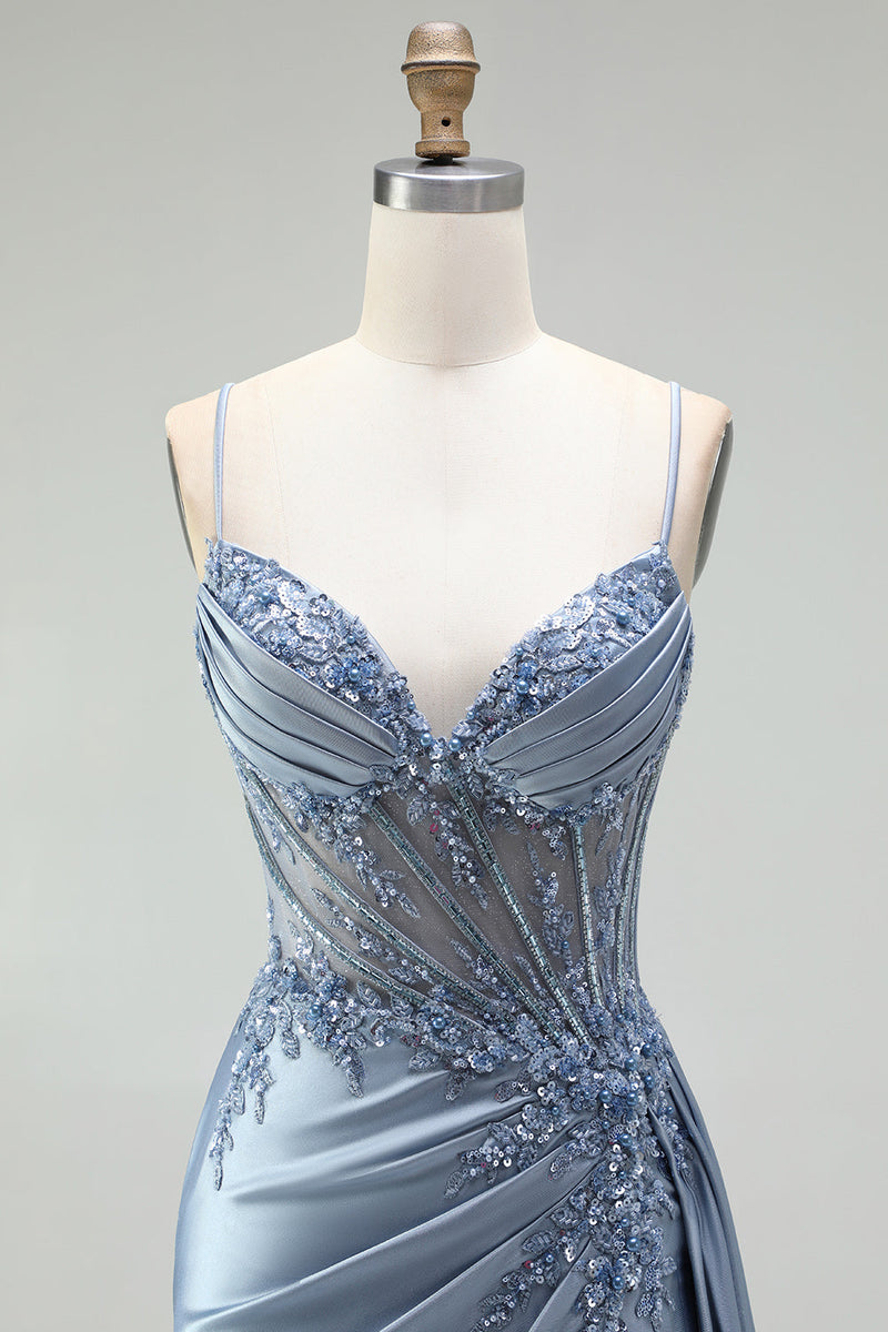 Load image into Gallery viewer, Sparkly Grey Blue Mermaid Corset Ruched Long Prom Dress with Side Cape