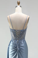 Load image into Gallery viewer, Sparkly Grey Blue Mermaid Corset Ruched Long Prom Dress with Side Cape