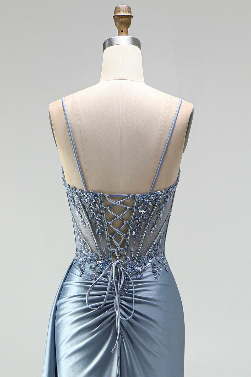 Load image into Gallery viewer, Sparkly Grey Blue Mermaid Corset Ruched Long Prom Dress with Side Cape