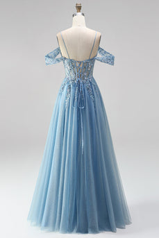 Sparkly Dusty Blue Sequin Appliqued Cold Shoulder A Line Corset Beaded Long Prom Dress