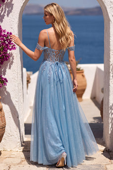 Sparkly Dusty Blue Sequin Appliqued Cold Shoulder A Line Corset Beaded Long Prom Dress