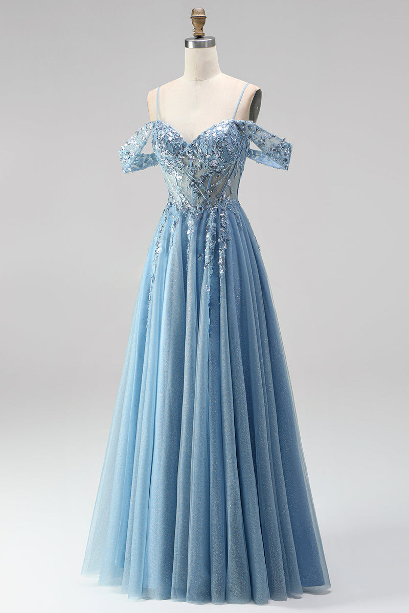 Load image into Gallery viewer, Sparkly Dusty Blue Sequin Appliqued Cold Shoulder A Line Corset Beaded Long Prom Dress