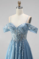 Load image into Gallery viewer, Sparkly Dusty Blue Sequin Appliqued Cold Shoulder A Line Corset Beaded Long Prom Dress