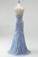 Load image into Gallery viewer, Sparkly Blue Beaded Mermaid Sweetheart Long Sequins Prom Dress with Slit