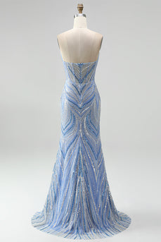 Sparkly Blue Beaded Mermaid Sweetheart Long Sequins Prom Dress with Slit