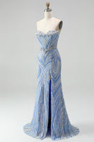 Load image into Gallery viewer, Sparkly Blue Beaded Mermaid Sweetheart Long Sequins Prom Dress with Slit