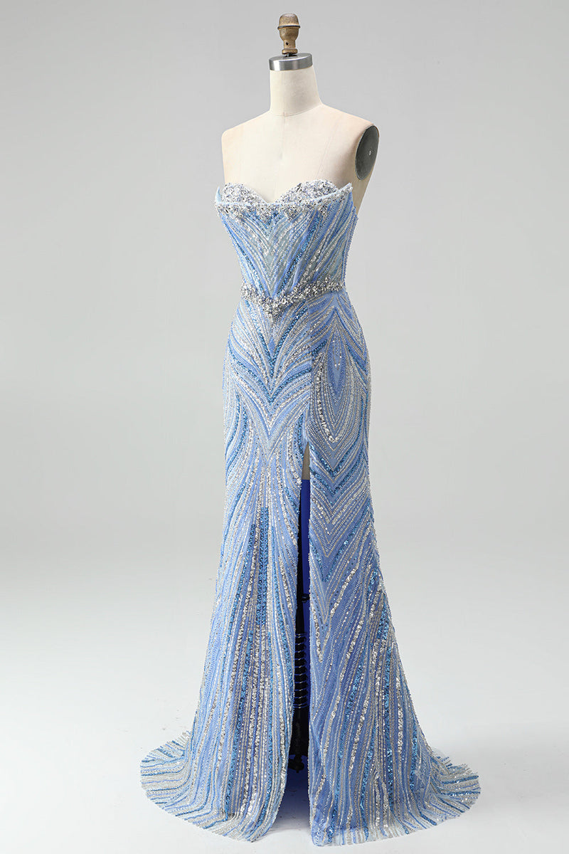 Load image into Gallery viewer, Sparkly Blue Beaded Mermaid Sweetheart Long Sequins Prom Dress with Slit