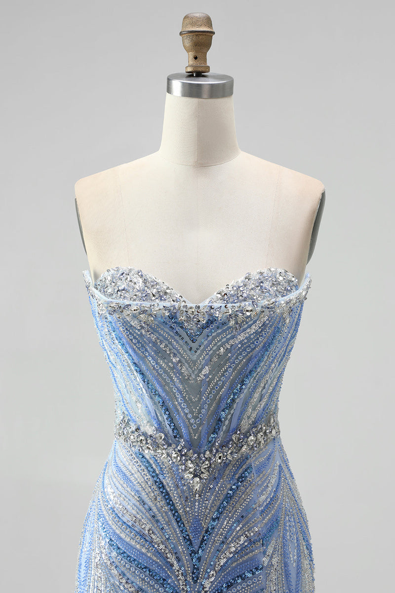 Load image into Gallery viewer, Sparkly Blue Beaded Mermaid Sweetheart Long Sequins Prom Dress with Slit