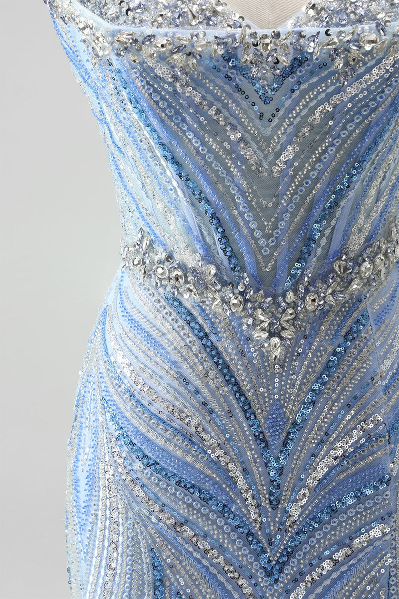 Load image into Gallery viewer, Sparkly Blue Beaded Mermaid Sweetheart Long Sequins Prom Dress with Slit