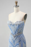 Load image into Gallery viewer, Sparkly Blue Beaded Mermaid Sweetheart Long Sequins Prom Dress with Slit