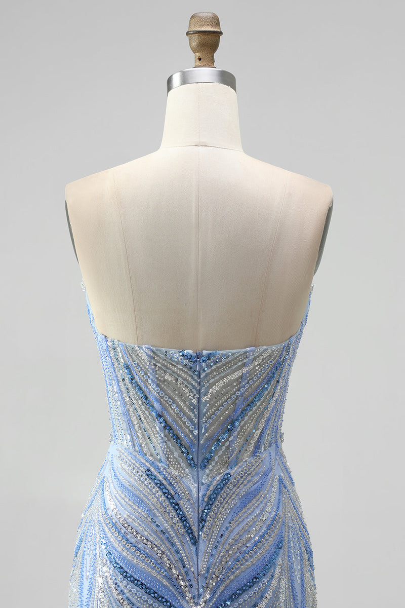 Load image into Gallery viewer, Sparkly Blue Beaded Mermaid Sweetheart Long Sequins Prom Dress with Slit