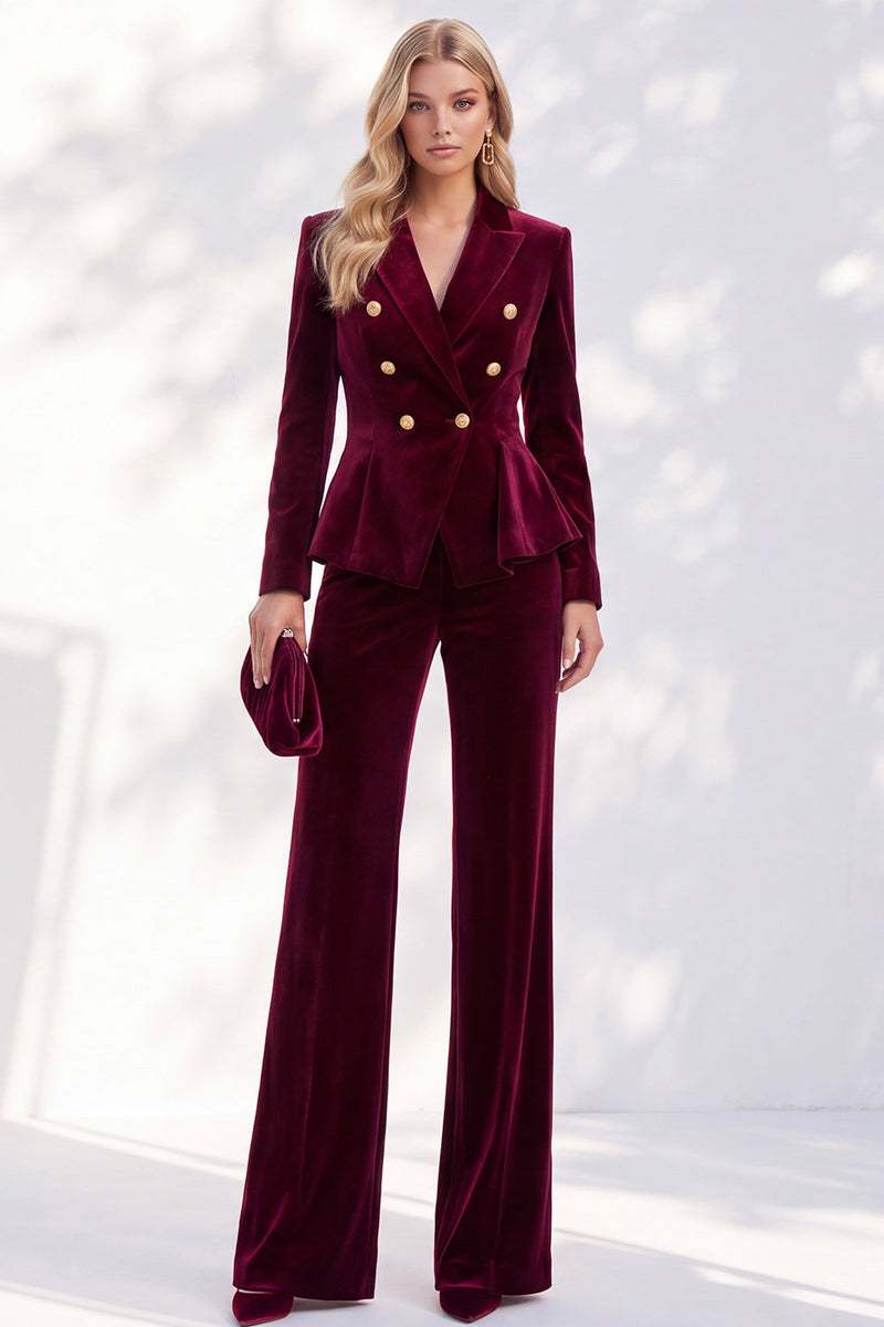 Load image into Gallery viewer, Burgundy Velvet Peak Lapel 2 Piece Slim Fit Ruffled Work Suits