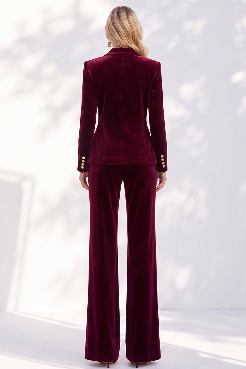 Load image into Gallery viewer, Burgundy Velvet Peak Lapel 2 Piece Slim Fit Ruffled Work Suits