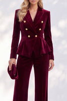 Load image into Gallery viewer, Burgundy Velvet Peak Lapel 2 Piece Slim Fit Ruffled Work Suits