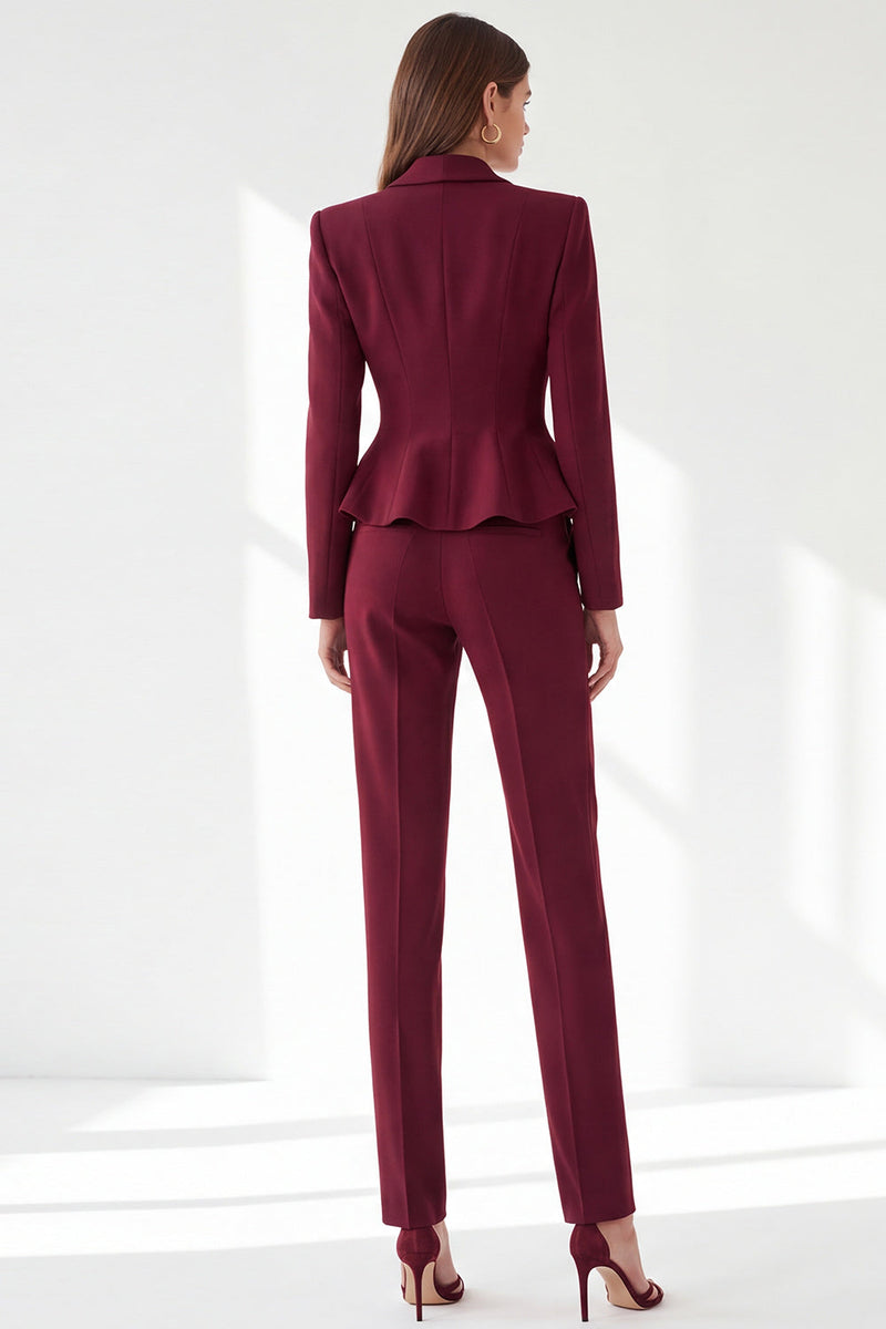 Load image into Gallery viewer, Burgundy Shawl Lapel 2 Piece Ruffled Slim Fit Work Suits with Pockets
