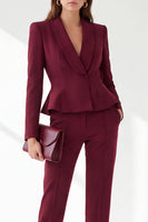 Load image into Gallery viewer, Burgundy Shawl Lapel 2 Piece Ruffled Slim Fit Work Suits with Pockets