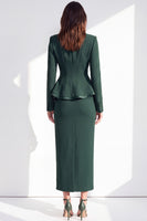 Load image into Gallery viewer, Dark Green 2 Piece Notched Lapel Pencil One Button Ruffled Midi Work Dress with Slit