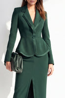 Load image into Gallery viewer, Dark Green 2 Piece Notched Lapel Pencil One Button Ruffled Midi Work Dress with Slit