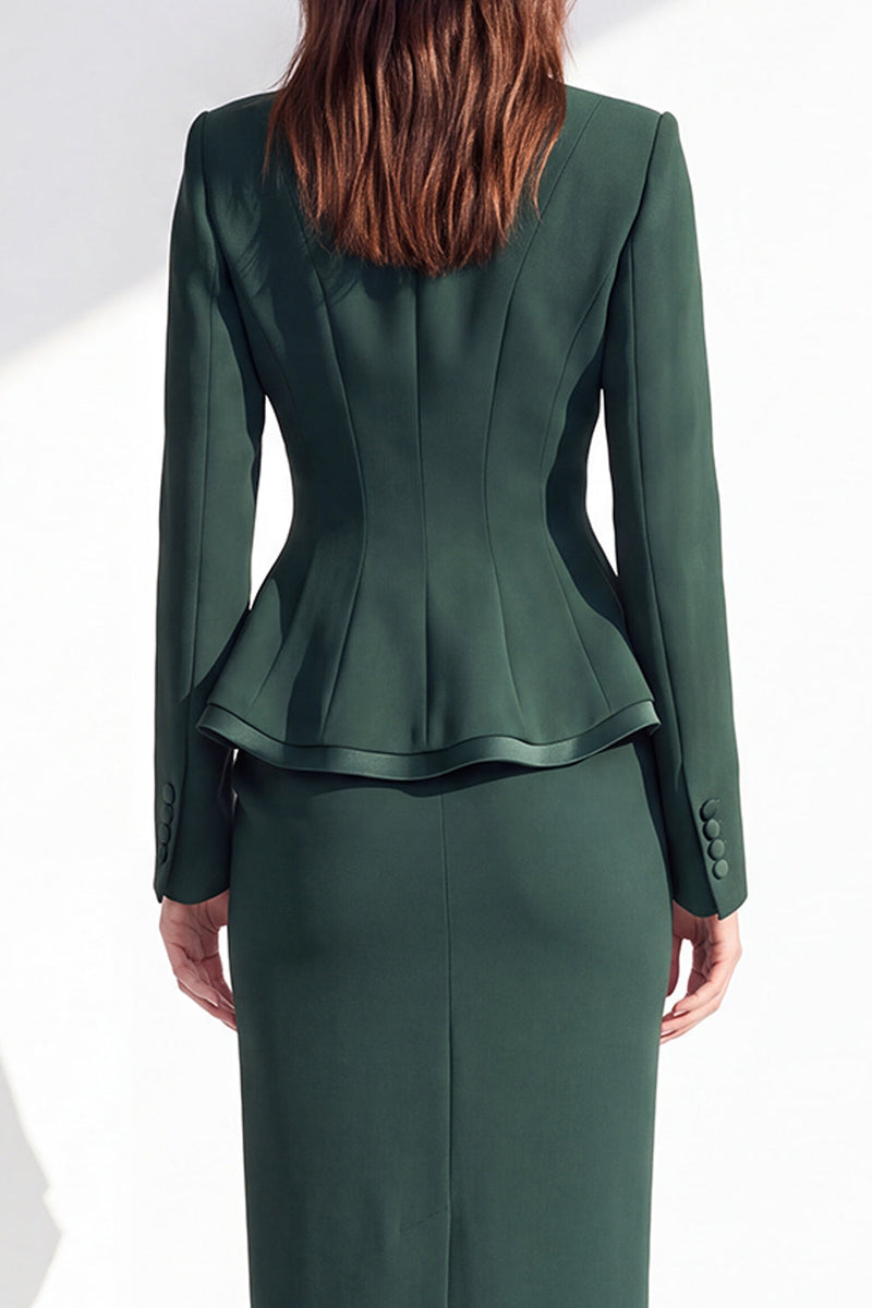 Load image into Gallery viewer, Dark Green 2 Piece Notched Lapel Pencil One Button Ruffled Midi Work Dress with Slit
