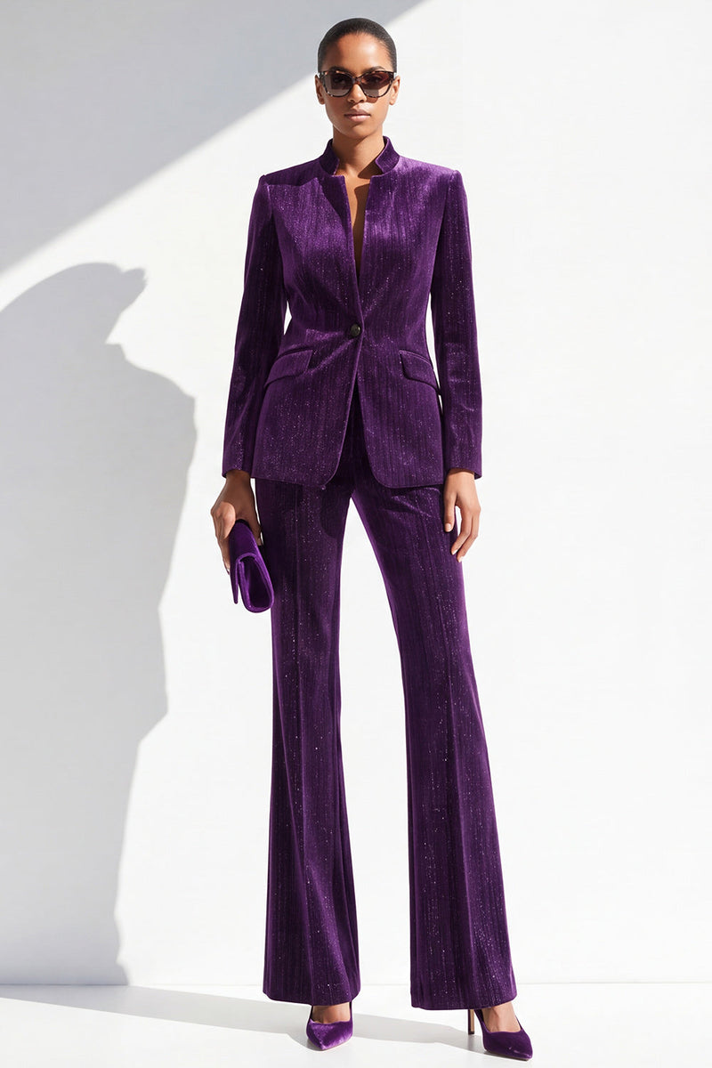 Load image into Gallery viewer, Dark Purple Glitter 2 Piece Lapel Slim Fit One Button Velvet Work Suits