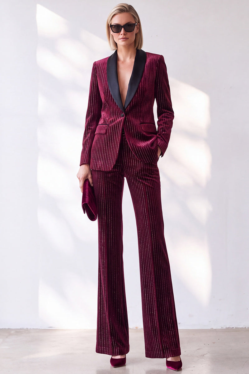 Load image into Gallery viewer, Sparkly Burgundy 2 Piece Striped Slim Fit Shawl Lapel Velvet Work Suits with Pockets