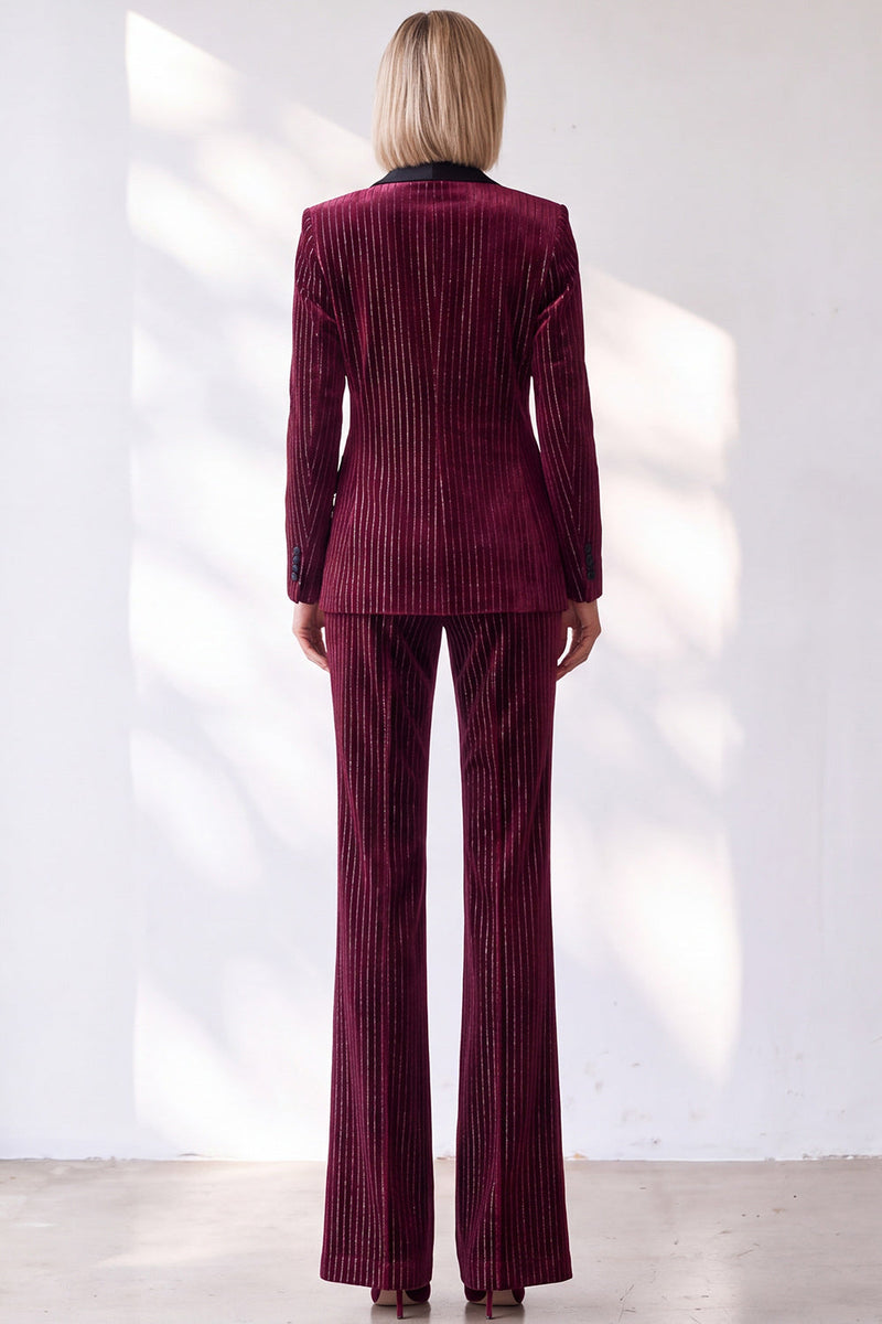 Load image into Gallery viewer, Sparkly Burgundy 2 Piece Striped Slim Fit Shawl Lapel Velvet Work Suits with Pockets