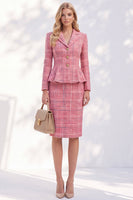 Load image into Gallery viewer, Pink 2 Piece Pencil Notched Lapel Tweed Ruffled Midi Pageant Interview Outfits
