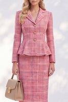 Load image into Gallery viewer, Pink 2 Piece Pencil Notched Lapel Tweed Ruffled Midi Pageant Interview Outfits
