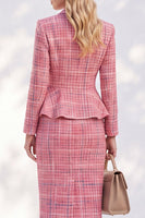 Load image into Gallery viewer, Pink 2 Piece Pencil Notched Lapel Tweed Ruffled Midi Pageant Interview Outfits