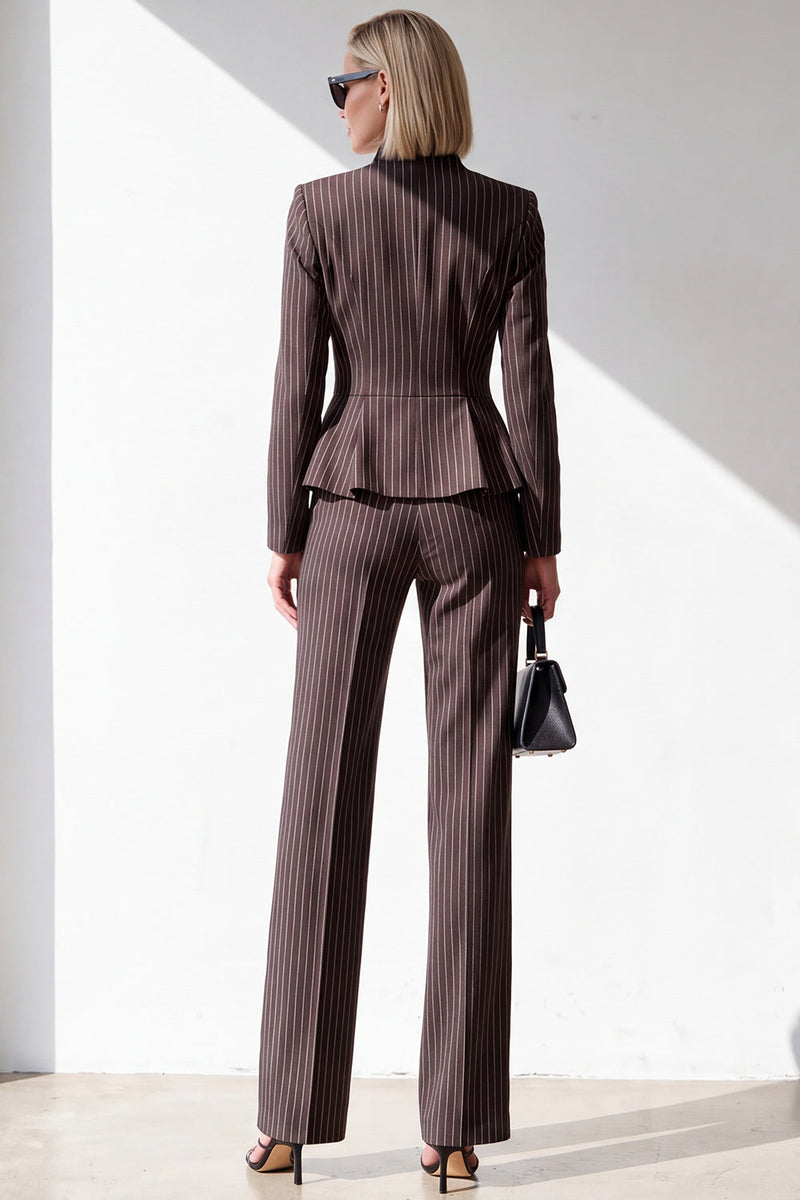 Load image into Gallery viewer, Coffee 2 Piece One Button V-Neck Slim Fit Striped Ruffled Work Suits with Pockets