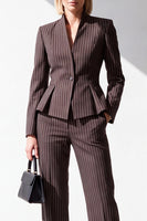 Load image into Gallery viewer, Coffee 2 Piece One Button V-Neck Slim Fit Striped Ruffled Work Suits with Pockets