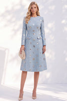 Load image into Gallery viewer, Sparkly Blue A-Line Round Neck Tweed Midi Work Dress with Sequins