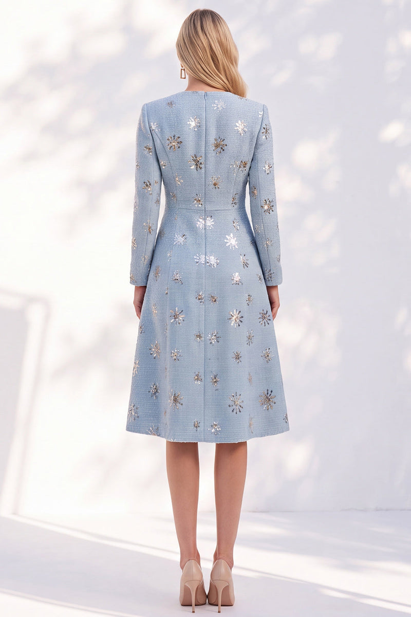 Load image into Gallery viewer, Sparkly Blue A-Line Round Neck Tweed Midi Work Dress with Sequins