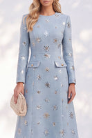 Load image into Gallery viewer, Sparkly Blue A-Line Round Neck Tweed Midi Work Dress with Sequins