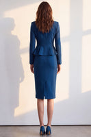 Load image into Gallery viewer, Dark Blue 2 Piece Notched Lapel Pencil Ruffled One Button Midi Work Dress with Pocket