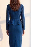Load image into Gallery viewer, Dark Blue 2 Piece Notched Lapel Pencil Ruffled One Button Midi Work Dress with Pocket