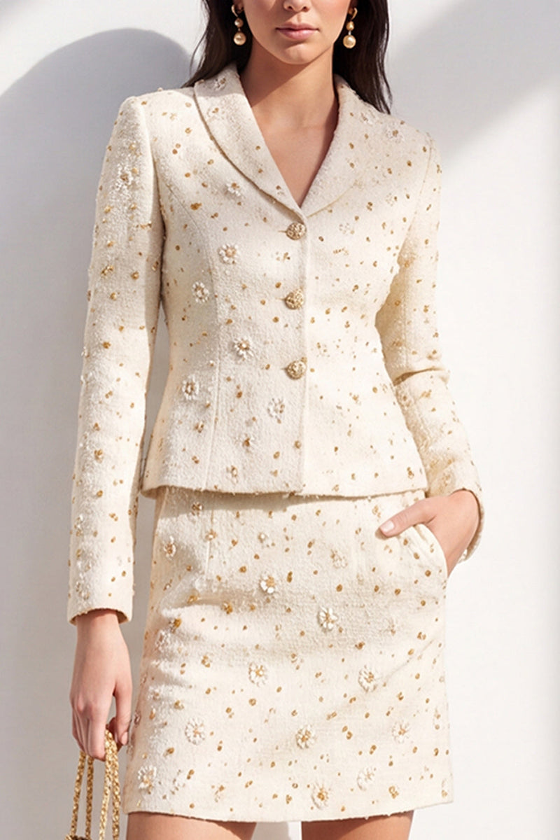 Load image into Gallery viewer, Ivory 2 Piece Floral Tweed Shawl Lapel Single Breasted Short Work Dress with Pocket