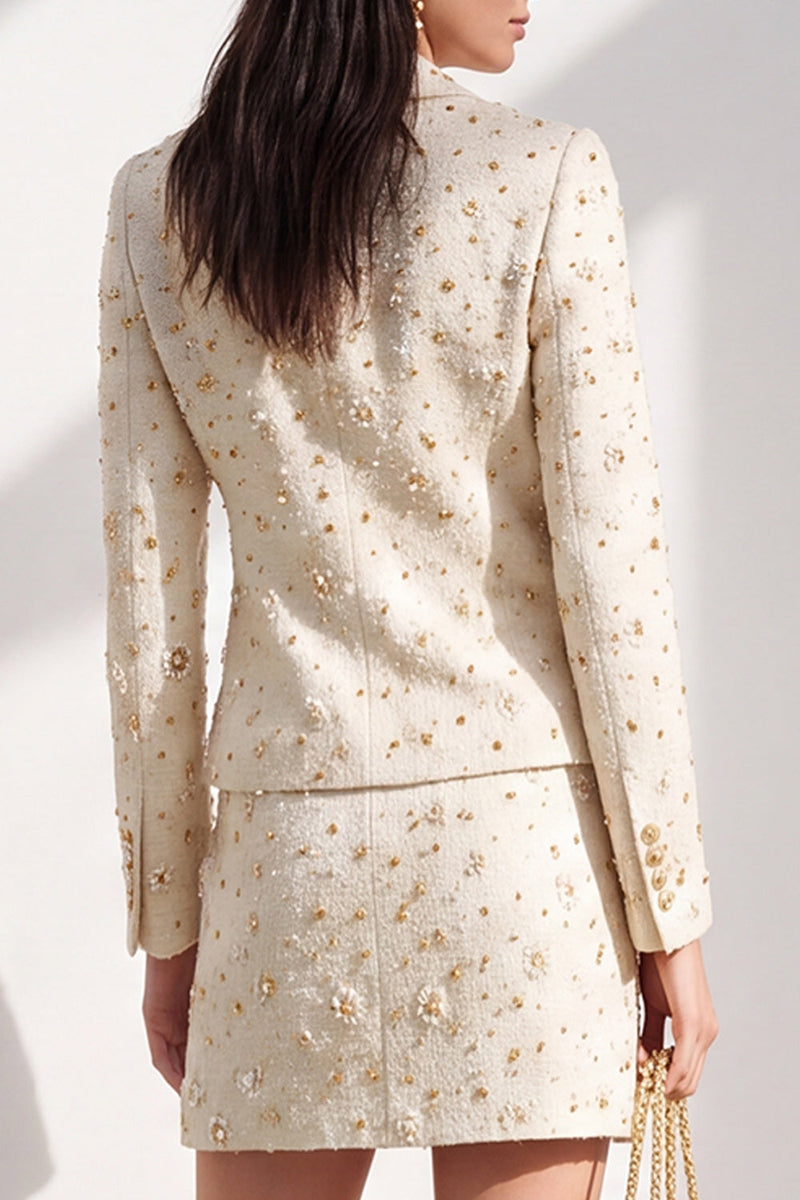 Load image into Gallery viewer, Ivory 2 Piece Floral Tweed Shawl Lapel Single Breasted Short Work Dress with Pocket