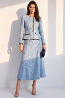 Load image into Gallery viewer, Sparkly Blue Floral Round Neck 2 Piece A Line Tweed Single Breasted Midi Work Dress with Sequins