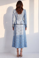 Load image into Gallery viewer, Sparkly Blue Floral Round Neck 2 Piece A Line Tweed Single Breasted Midi Work Dress with Sequins