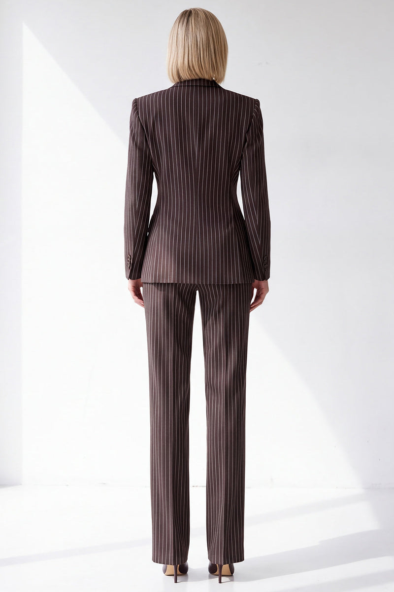 Load image into Gallery viewer, Coffee Striped 2 Piece Peak Lapel Double Breasted Women Suits