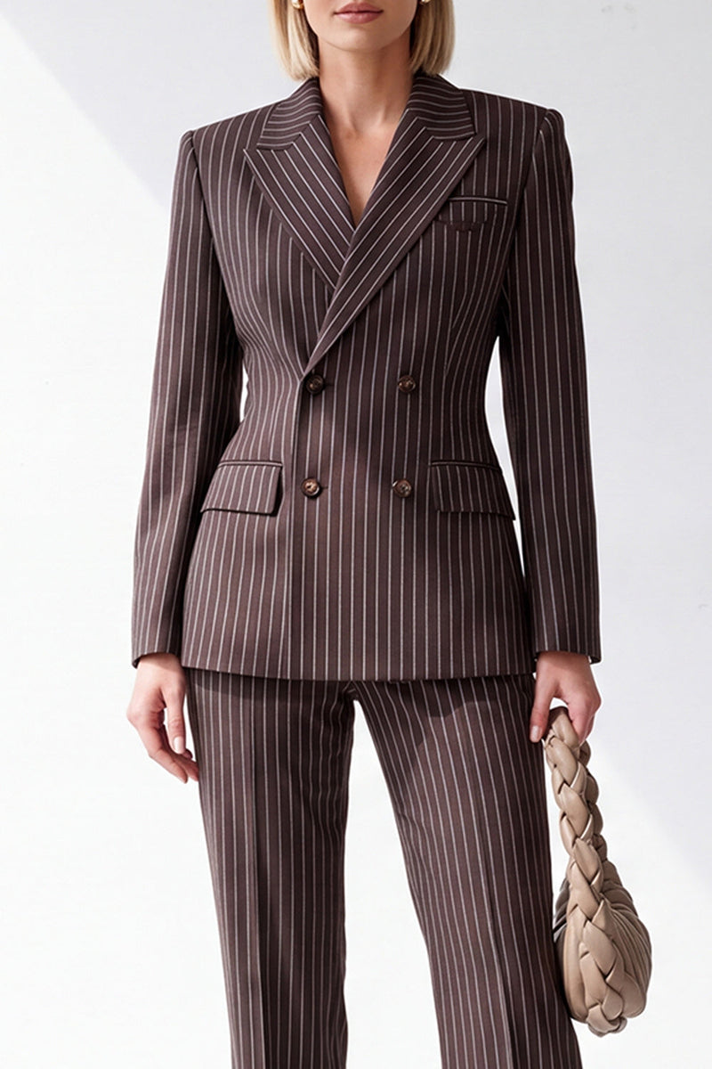 Load image into Gallery viewer, Coffee Striped 2 Piece Peak Lapel Double Breasted Women Suits