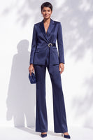 Load image into Gallery viewer, Navy Notched Lapel Beaded 2 Piece Satin Women Suits with Sash