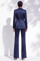 Load image into Gallery viewer, Navy Notched Lapel Beaded 2 Piece Satin Women Suits with Sash