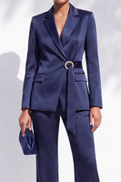 Load image into Gallery viewer, Navy Notched Lapel Beaded 2 Piece Satin Women Suits with Sash