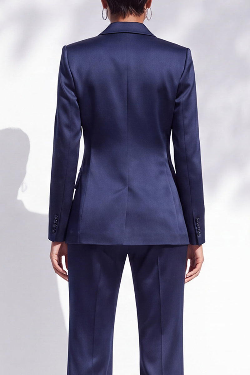 Load image into Gallery viewer, Navy Notched Lapel Beaded 2 Piece Satin Women Suits with Sash