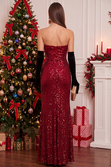 Sparkly Red Sequin Ruched Sweetheart Long Formal Dress with Slit