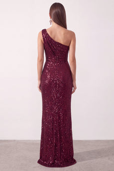 Sparkly Burgundy Sequin One Shoulder Ruched Long Formal Dress with Slit