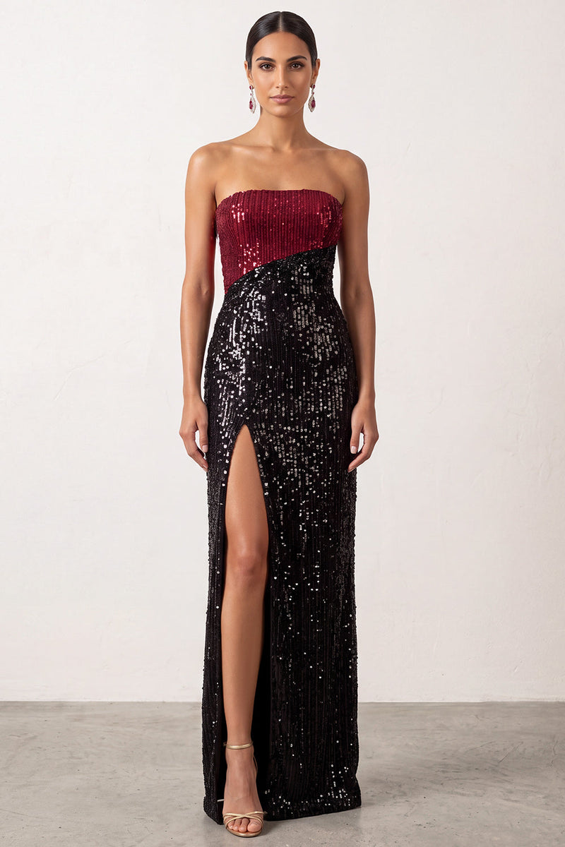 Load image into Gallery viewer, Sparkly Black Red Mermaid Strapless Sequin Long Formal Dress with Slit