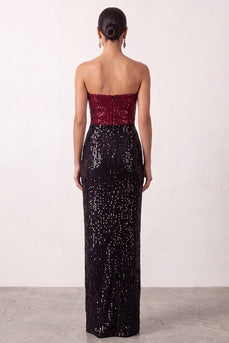 Sparkly Black Red Mermaid Strapless Sequin Long Formal Dress with Slit